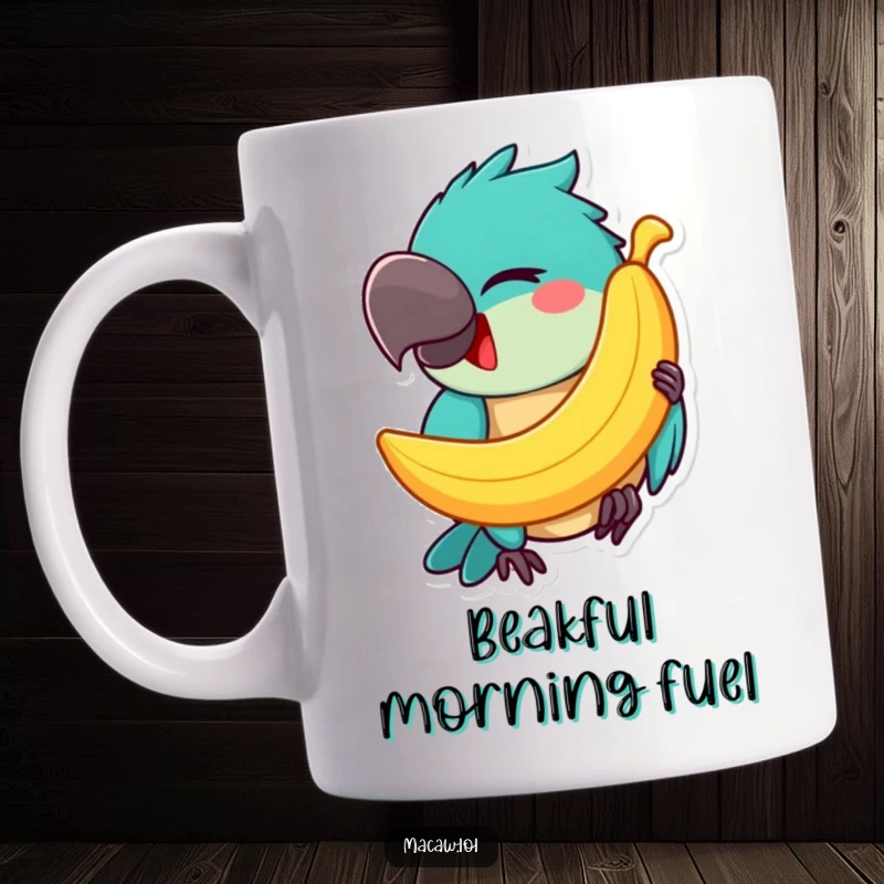 Funny Macaw Mug: A happy macaw winks mischievously while perfectly balancing a banana on its beak, a delightful and comical scene.