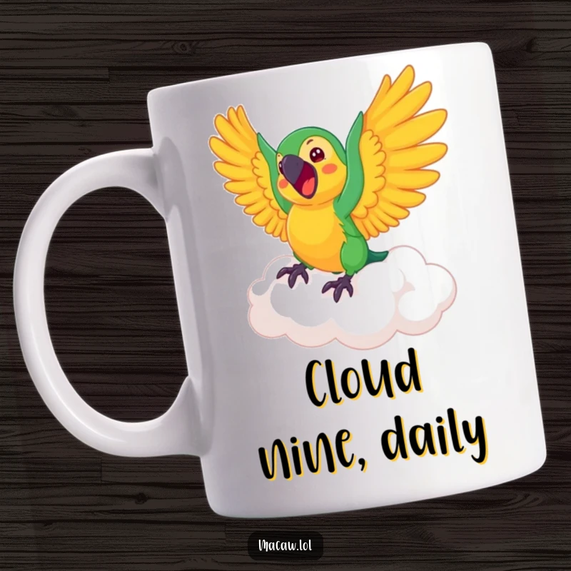 Funny Macaw Mug: An excited macaw flaps its wings joyfully while riding a bouncy, whimsical cloud in the sky.