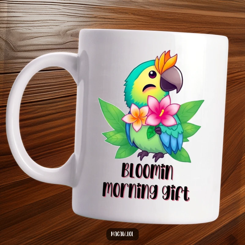 Funny macaw bird mug with bright feathers offering a single shimmering tropical flower, symbolizing beauty and peace.