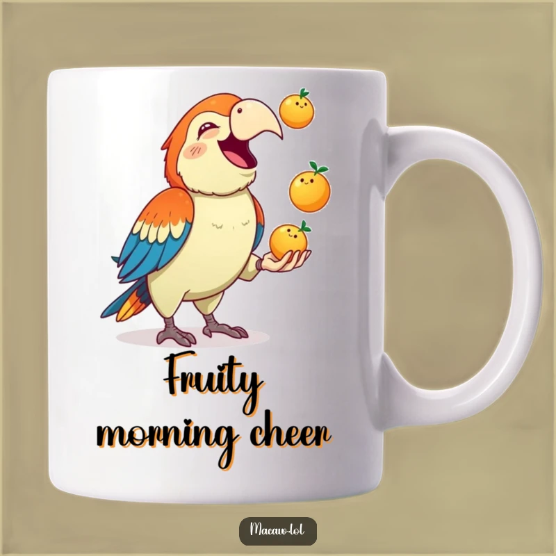 Funny Macaw Juggling Mug: Gleeful Bird's Fruit Fun Gift Idea