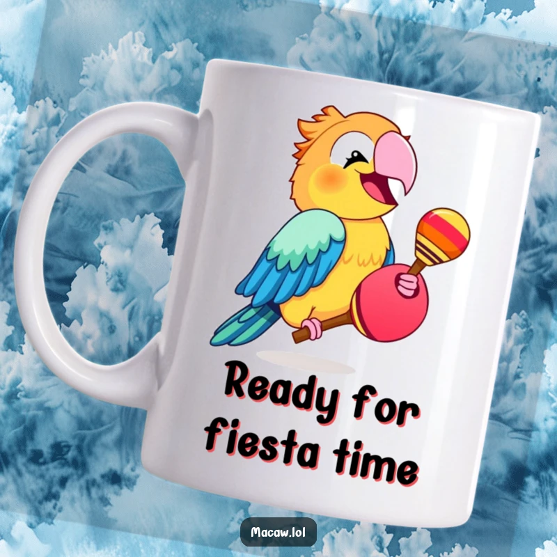 Funny macaw bird enthusiastically shaking a maraca with a wide, toothy grin, spreading party vibes.