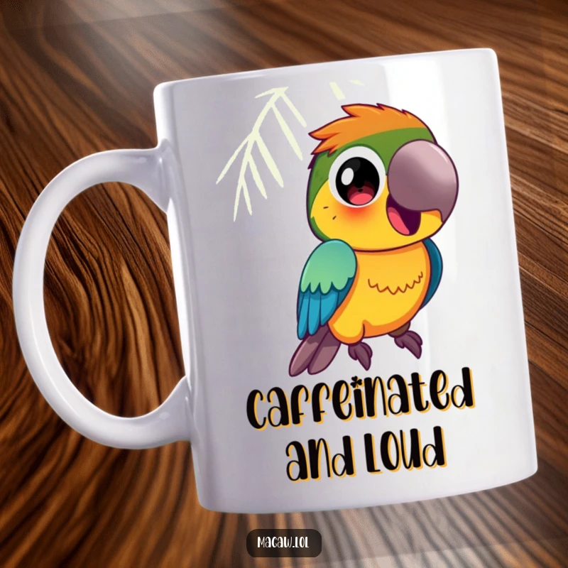 Funny Macaw Mug: A vibrantly colored macaw bird with large, curious eyes squawks happily, full of personality.