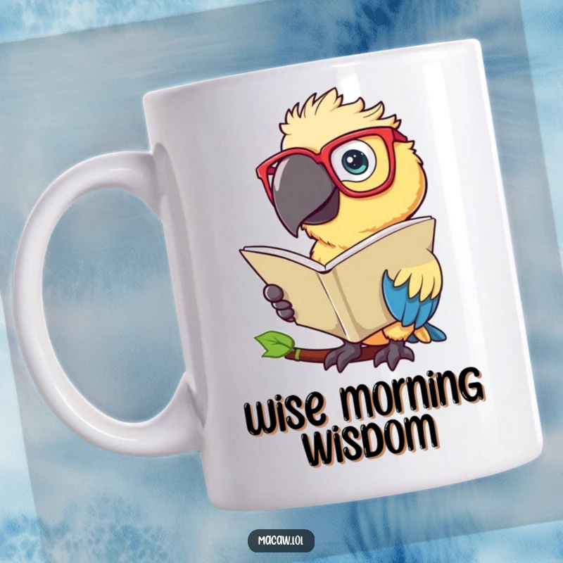 Funny Macaw Mug: A macaw bird in oversized glasses pretends to read a large leaf, looking studious.