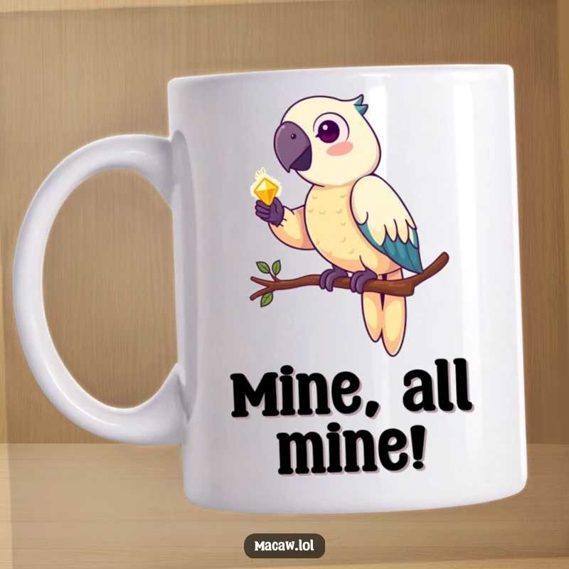 Funny macaw mug, a pirate parrot perching on a branch, clutching a glittering treasure in its beak, looking mischievous.