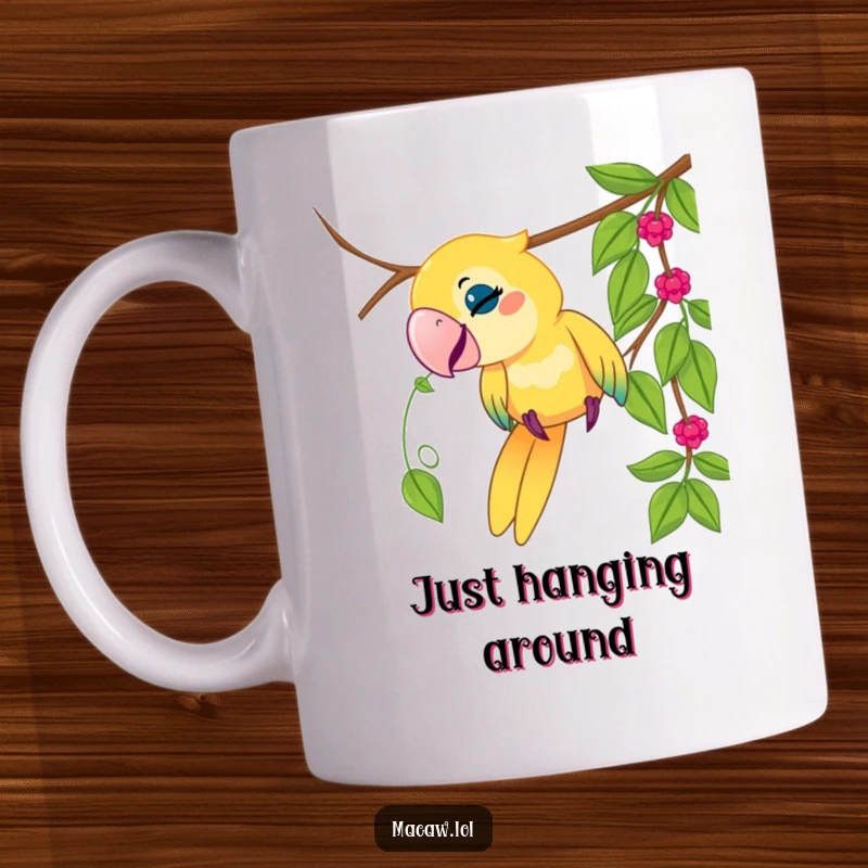 Funny macaw bird mug, playfully tugging on a dangling vine, jungle theme, mischievous, cute, perfect funny gift.