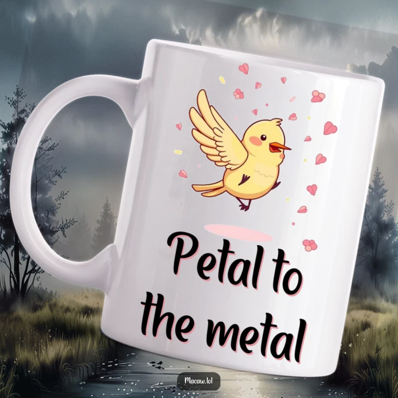 Funny Petal Party Bird Mug showing a bird playfully throwing confetti made entirely of colorful flower petals, spreading joy.