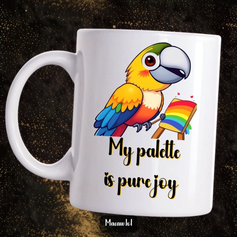 Funny mug with a vibrant macaw bird grinning widely as it paints a bright, colorful rainbow, spreading artistic joy.