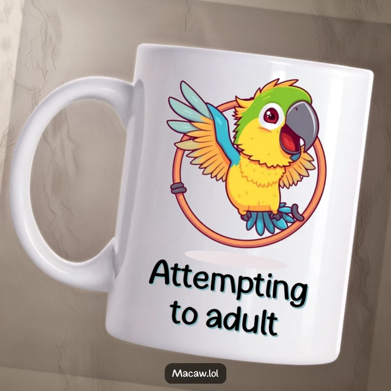Funny Ruffled Macaw Hoop Mug: A bird with ruffled feathers humorously trying to fly through a hoop.