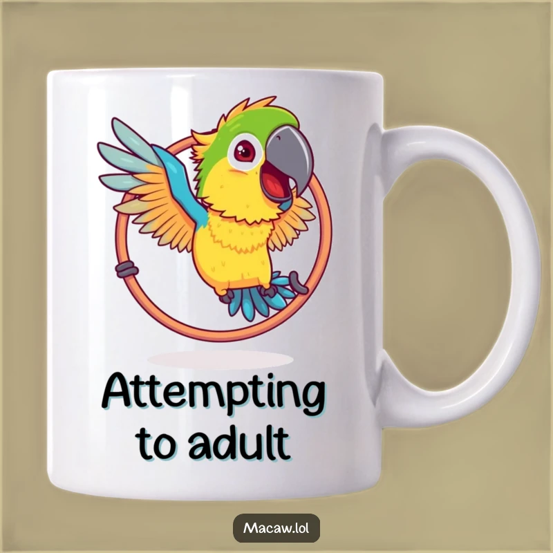 Funny Ruffled Macaw Hoop Mug: Hilarious Flying Attempt, Perfect Silly Gift