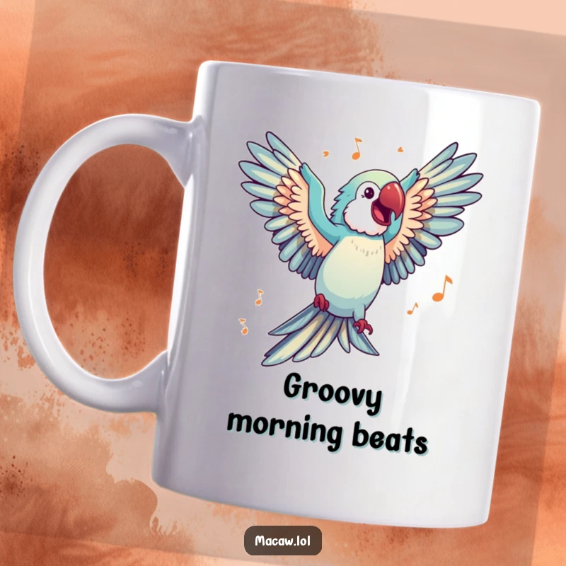 Funny Mug featuring a happy macaw with wings spread wide, gleefully dancing to imaginary music, full of life and joy.