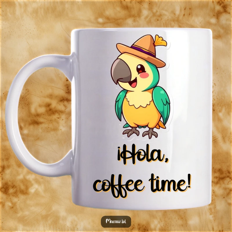 Funny Mug featuring a cheerful macaw character tipping a tiny sombrero with a stylish flourish, ready for celebration.