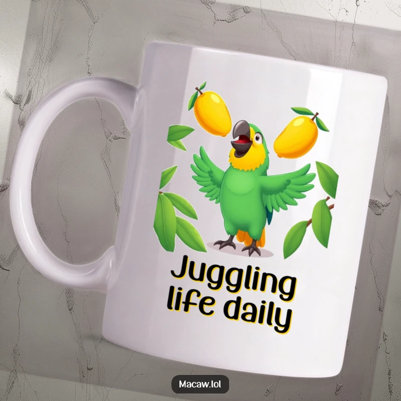 Funny macaw bird mug, laughing heartily while attempting to juggle three shiny mangoes, showcasing vibrant colors.