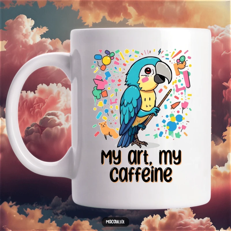 Funny macaw bird painting a chaotic, colorful mural with its beak, a true avian artist.