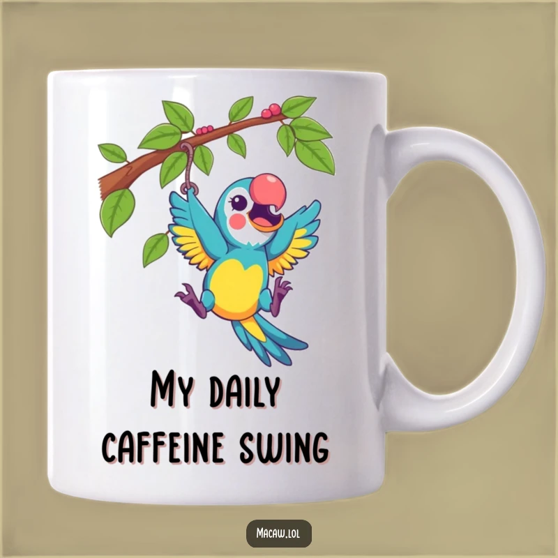 Funny Excited Macaw Swinging Mug - Playful Humorous Gift for Adventurers