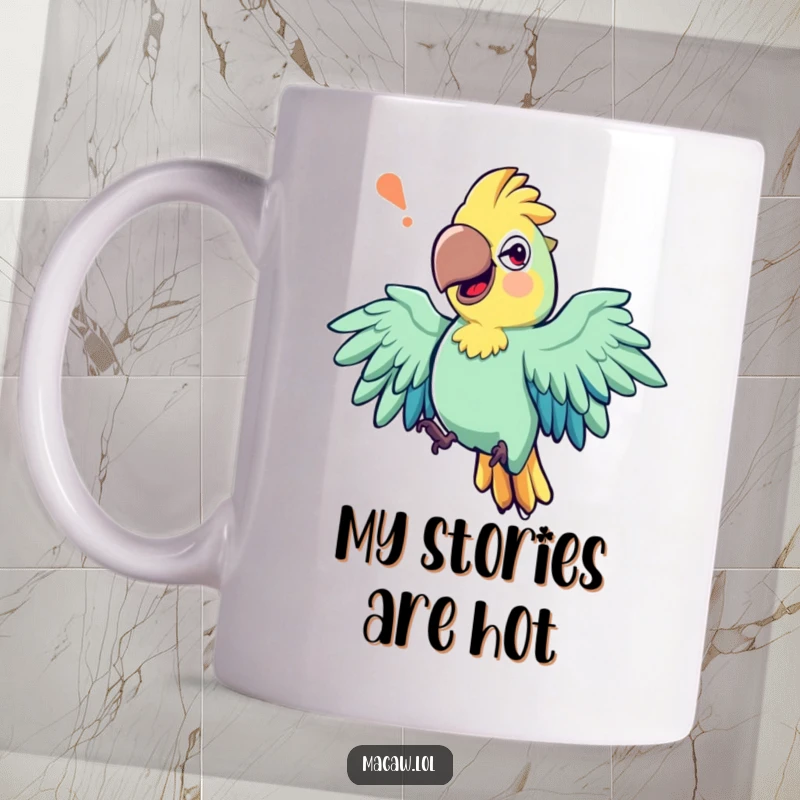 Funny mug depicting an expressive macaw bird with exaggerated wing movements, caught in the act of animated storytelling.