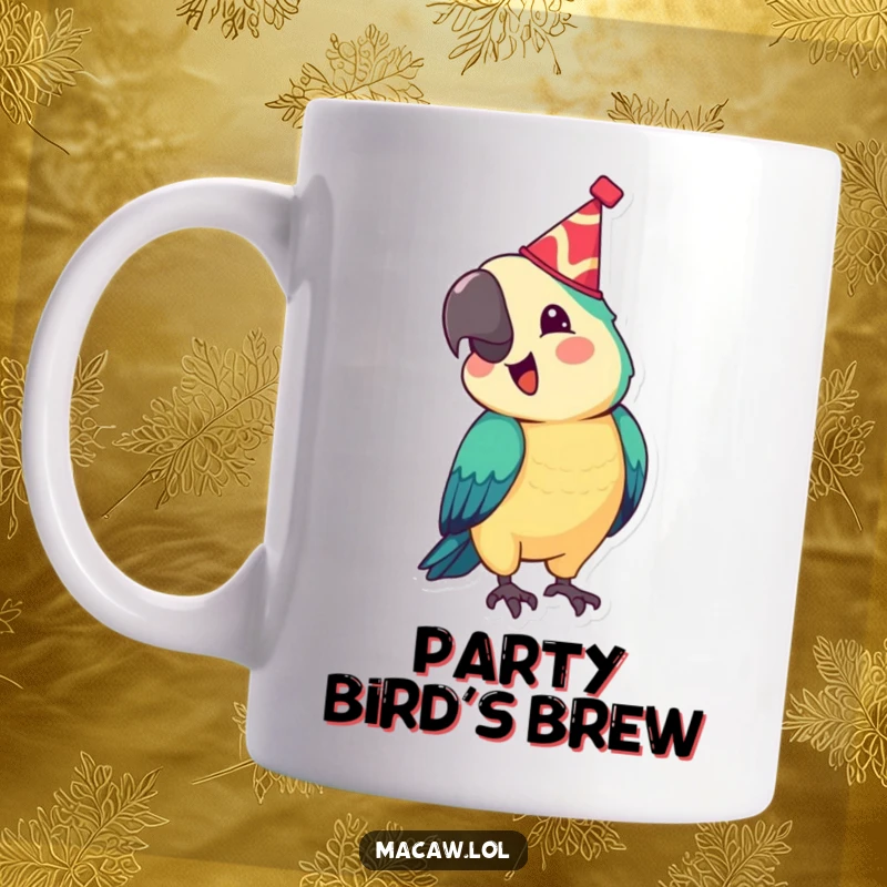 Funny macaw mug featuring a colorful bird wearing a tiny festive hat, bobbing its head joyfully, a humorous and celebratory animal design, perfect for a funny gift.