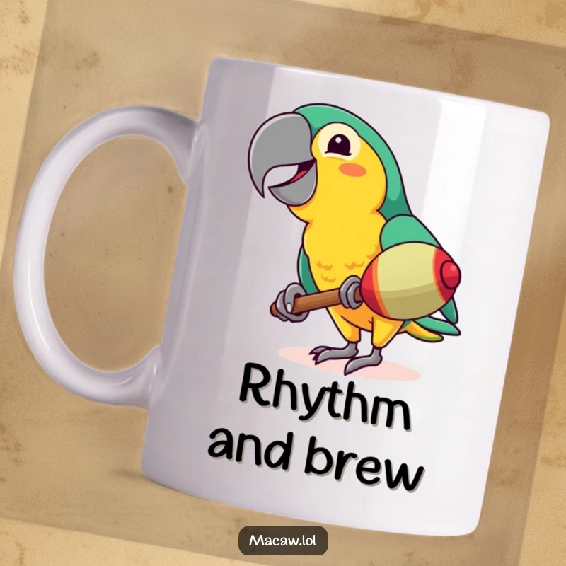 Funny Macaw Mug: A joyful tropical bird with a big smile shakes a maraca, bringing vibrant, humorous energy to your day.