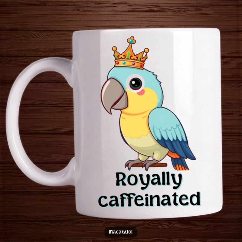 Funny Macaw Mug: A proud macaw bird sits regally, balancing a tiny, ornate crown perfectly on its head, exuding royal charm.
