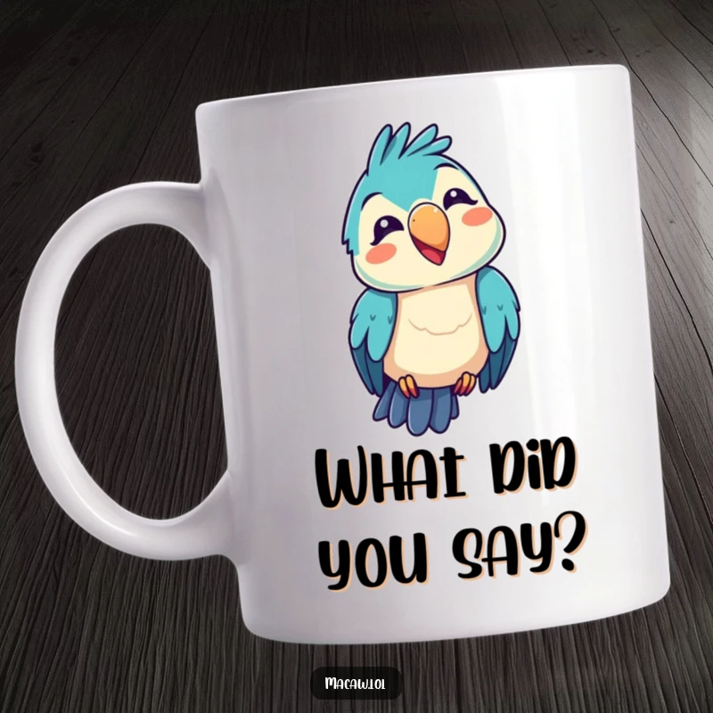 Funny kawaii macaw mug, featuring a bird with a tilted head making a funny squawk expression, radiating comical energy and personality, a great funny gift.