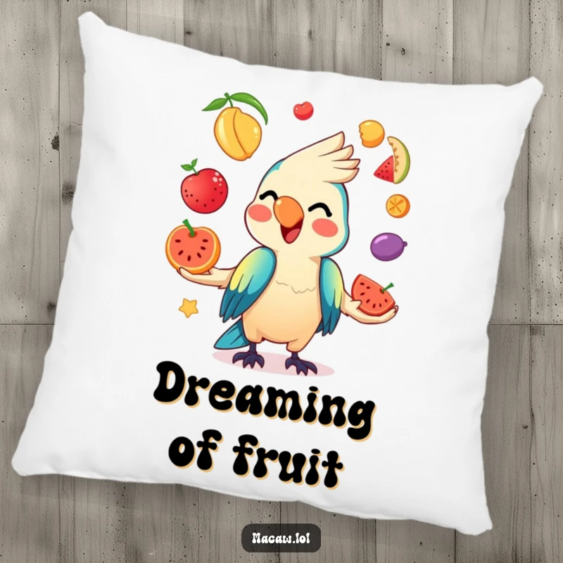 Funny Kawaii Macaw Pillow showcasing a mischievous macaw juggling colorful fruits with a wide, happy grin.
