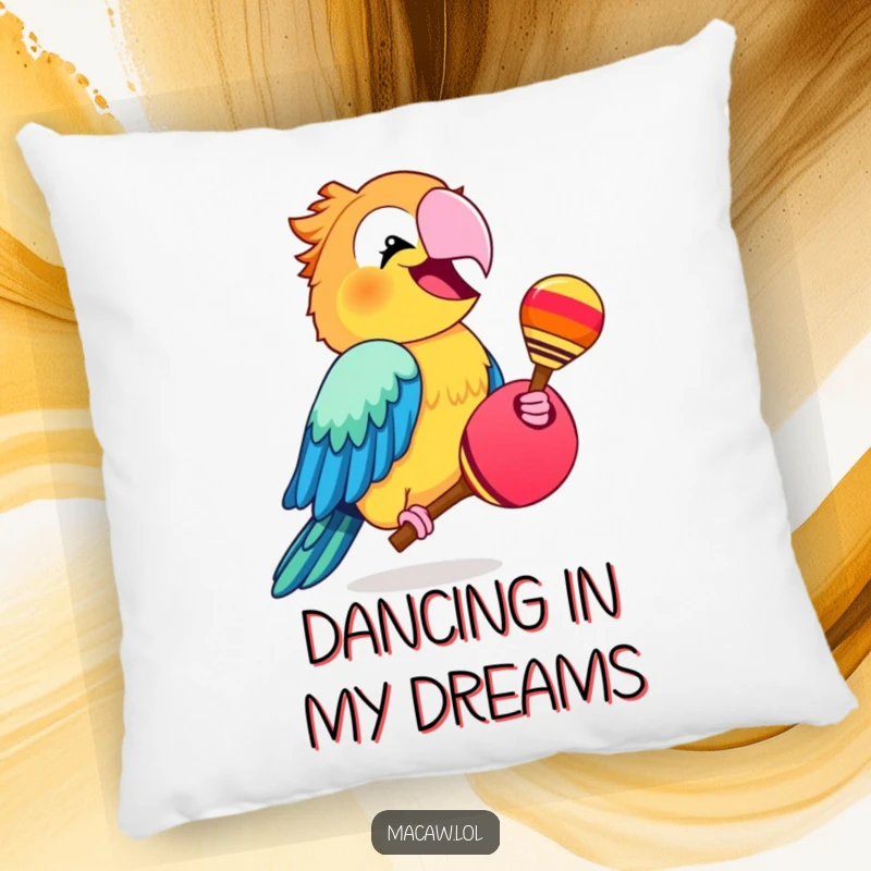 Funny macaw bird shaking a maraca with a wide, happy grin, a soft and humorous decorative pillow.