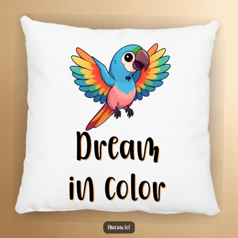 Funny kawaii macaw pillow, a plush bird with vibrant, swirling colors and spread wings, offering soft comfort and artistic humor, a delightful funny gift.