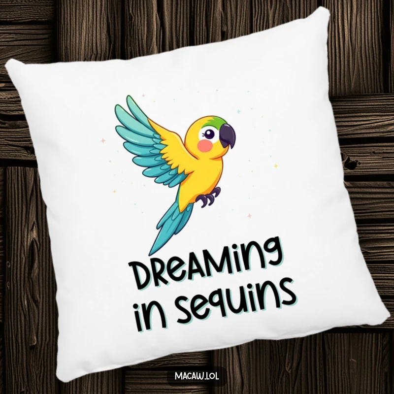 Funny macaw pillow, a cheerful bird in flight through a generous shower of shiny, colorful glitter, offering comfort and humor.