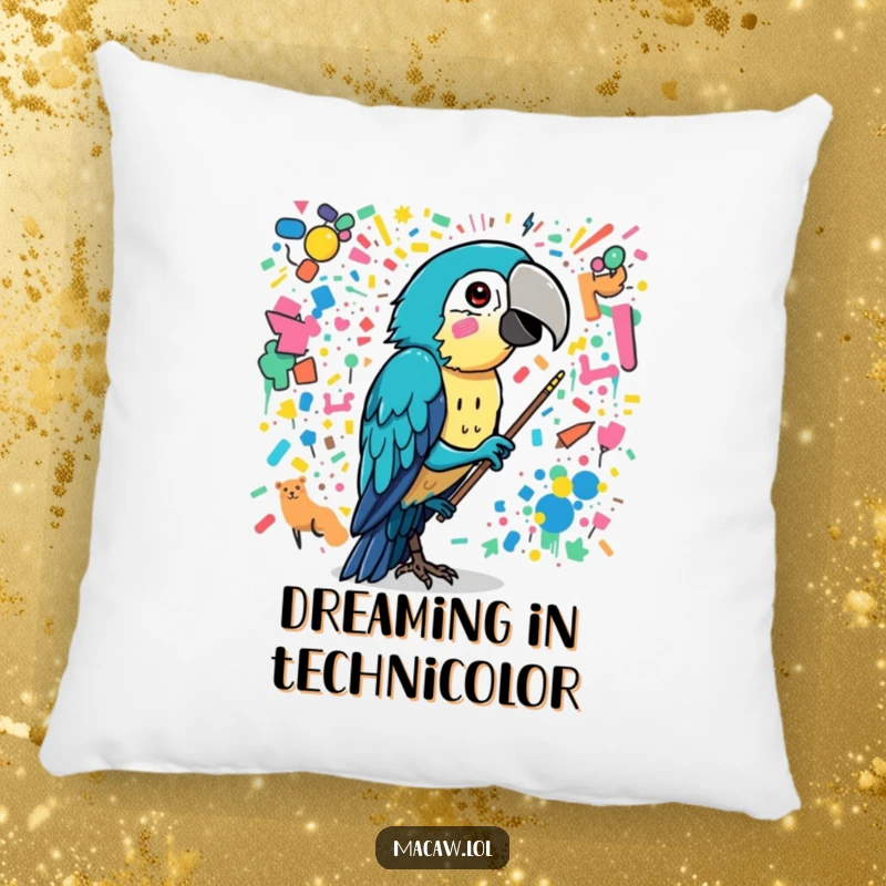 Funny macaw bird painting a chaotic, colorful mural with its beak, a soft and humorous decorative pillow.