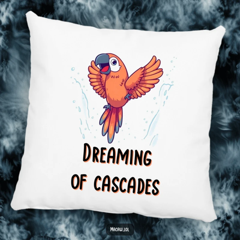 Funny pillow with an energetic macaw diving through a misty waterfall with glee, offering comfortable and amusing decor.