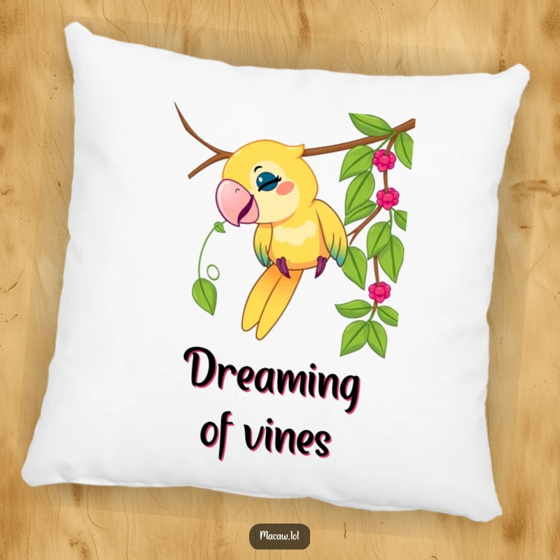 Funny macaw bird pillow, playful bird tugging on a dangling vine, jungle theme, soft, humorous home decor, gift.