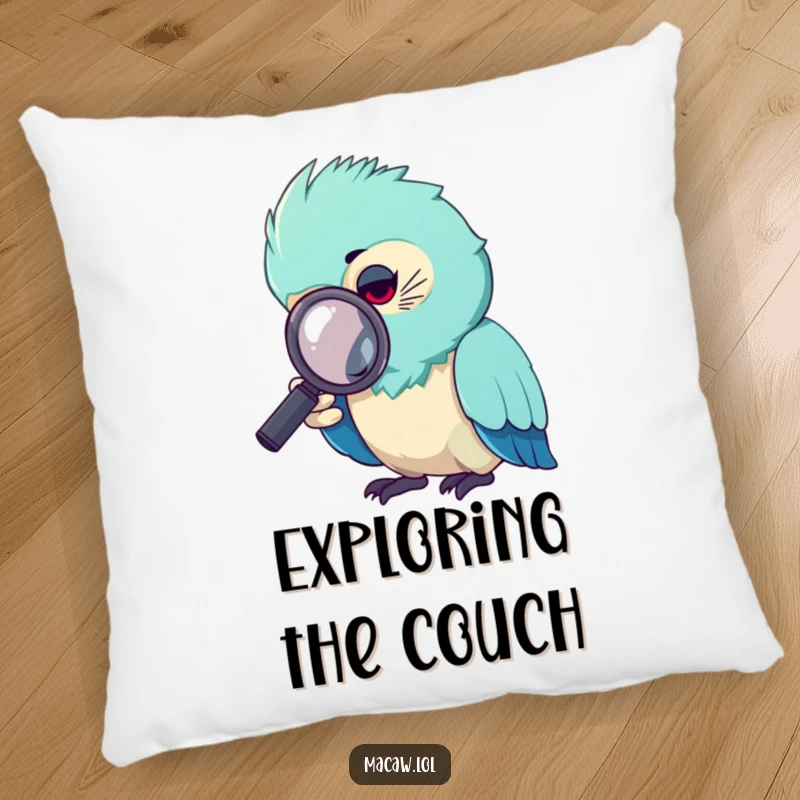 Funny macaw pillow, a soft cushion showing a macaw bird using a magnifying glass with great concentration.