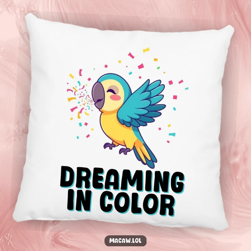 Funny macaw pillow featuring a cheerful bird blowing colorful confetti, adding a touch of cozy celebration to any seating area.