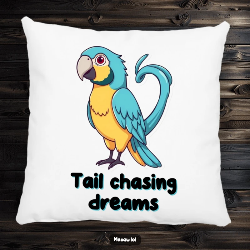 Funny Curly Tail Macaw Pillow: A bird with a very long, curly tail playfully whipping it around.