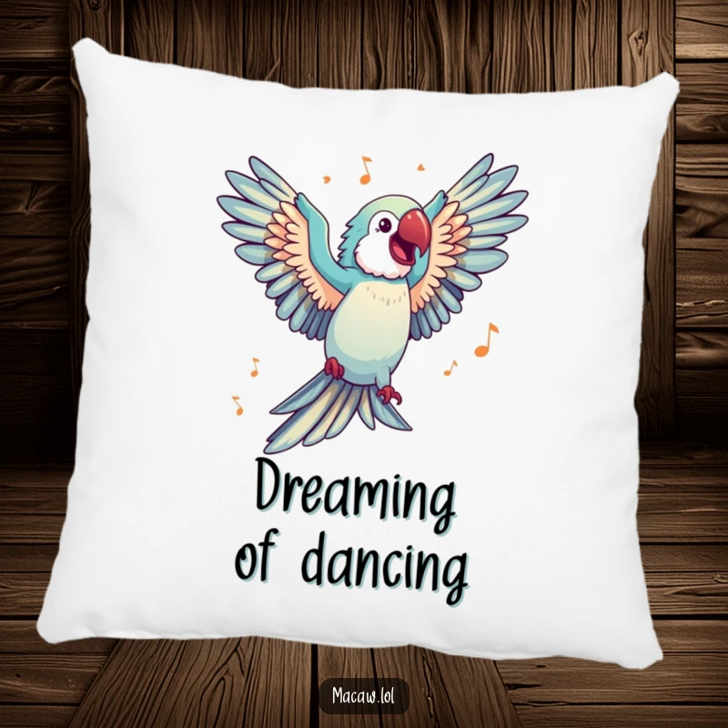 Funny Pillow featuring a happy macaw with wings spread wide, dancing joyfully to an imaginary beat, perfect for cozy comfort.