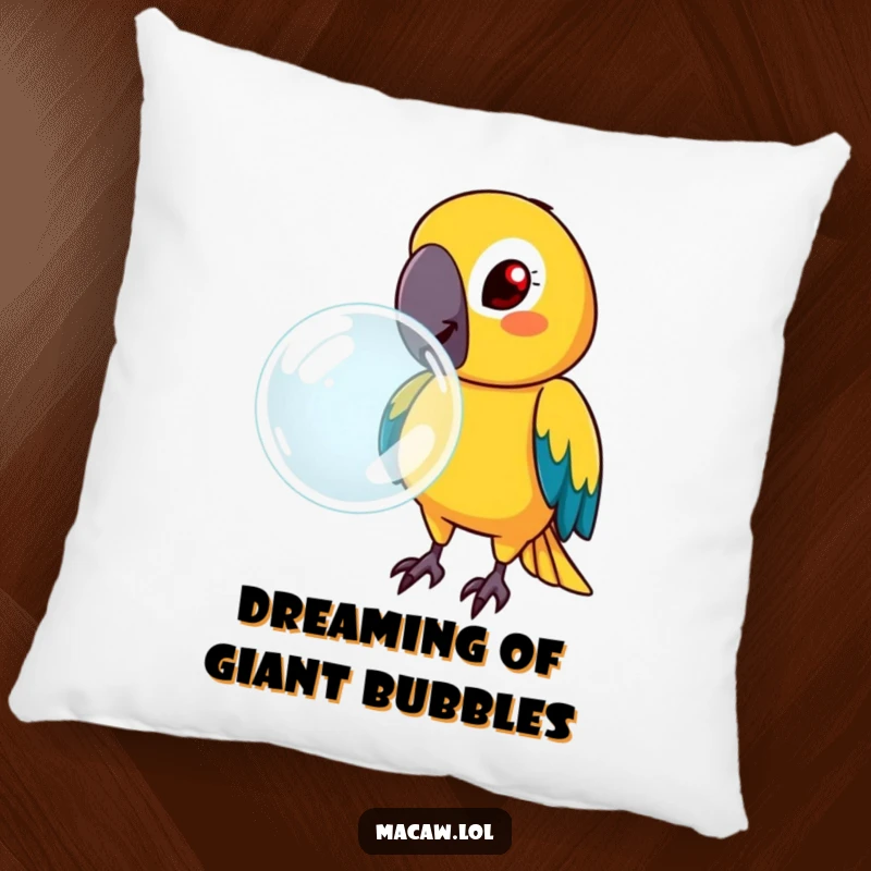Funny macaw with a determined face, blowing a large bubble, on a decorative pillow, adding humorous charm.