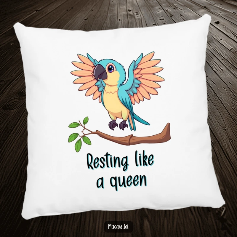 Funny pillow featuring a macaw bird posing dramatically with outstretched wings, bringing grand comfort and artistic flair.