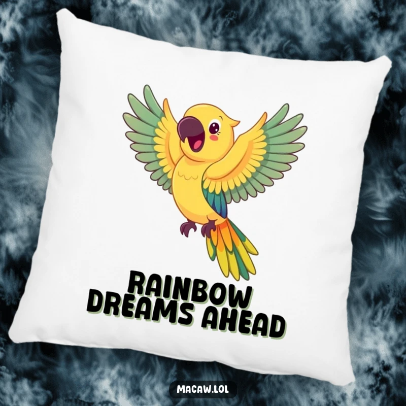 Funny happy macaw pillow, a soft cushion featuring a joyful macaw in flight, its wings leaving a rainbow effect.