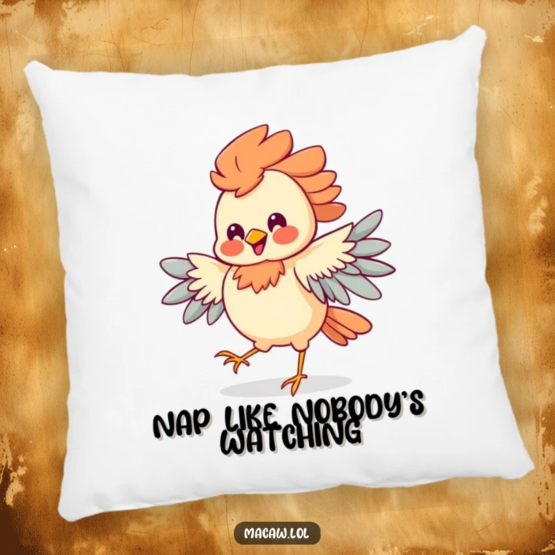 Funny Jigging Bird Pillow featuring a bird with detailed feathers doing a happy jig, its silly grin radiating cheerfulness.