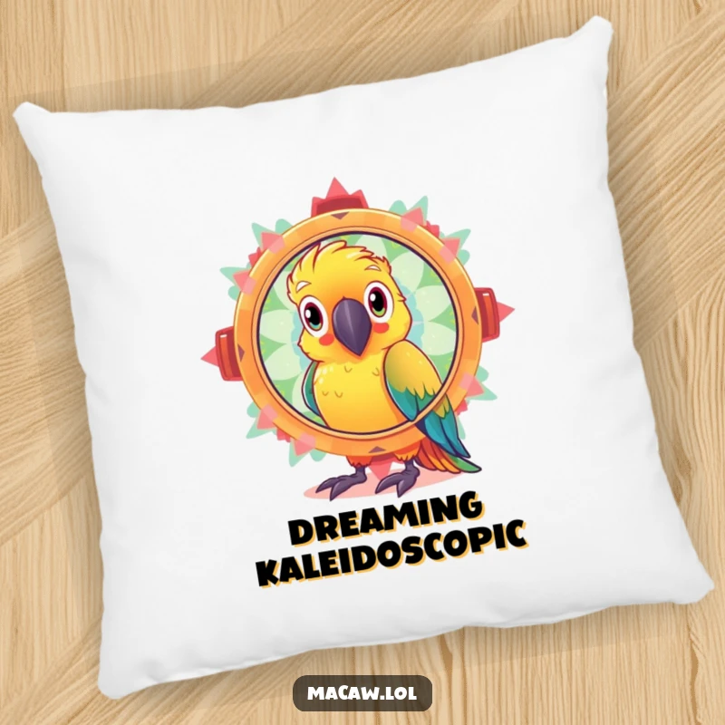 Funny pillow featuring a curious macaw bird looking through a giant, sparkling kaleidoscope, bringing wonder and soft comfort.