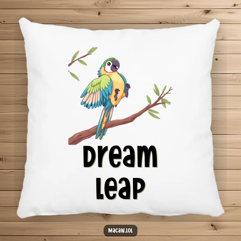 Funny Macaw Acrobat Pillow: A macaw captured mid-leap between perches, adding dramatic flair and humorous comfort to any space.