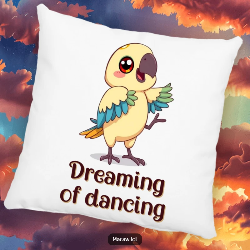 Funny macaw pillow featuring a happy-eyed bird mimicking a funny dance move, ideal for home decor.