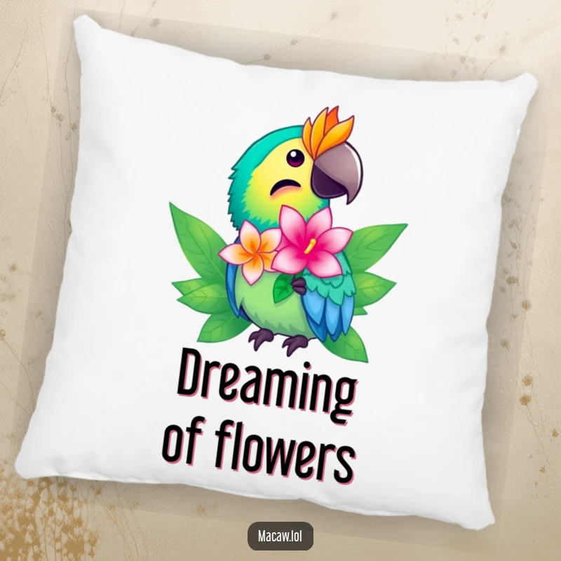 Funny macaw pillow featuring a bright bird offering a shimmering tropical flower, ideal for home decor.