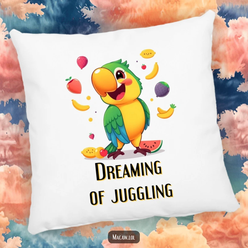 Funny Pillow featuring a happy macaw with a wide smile, juggling colorful fruits, adding a touch of tropical comfort.