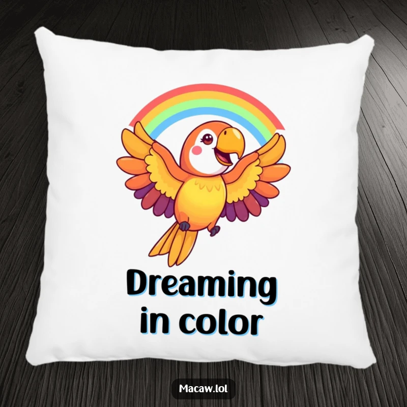 Funny Macaw Pillow: A cheerful macaw bird forms a vibrant rainbow arc with its outstretched wings, offering colorful comfort.