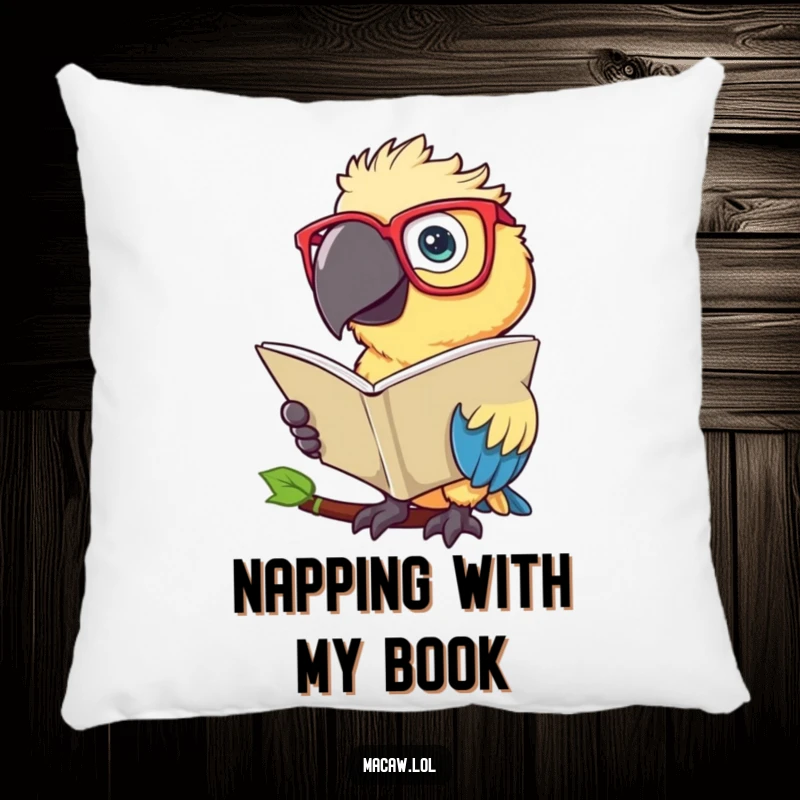 Funny Macaw Pillow: A soft pillow featuring a scholarly macaw bird wearing spectacles and reading.