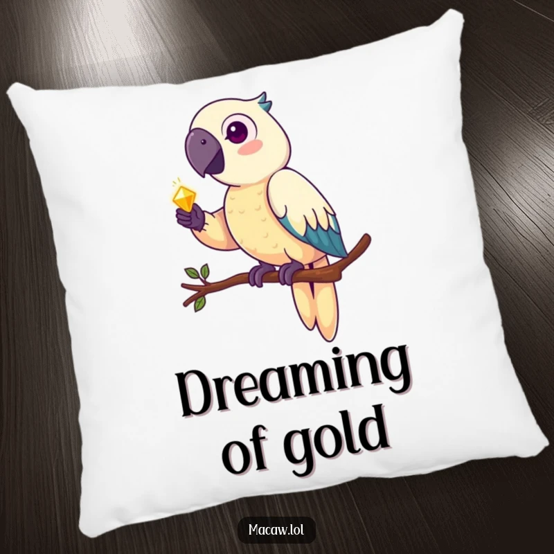 Funny macaw pillow, a plush pirate parrot perched on a branch, clutching a shiny, sparkling treasure in its talons.