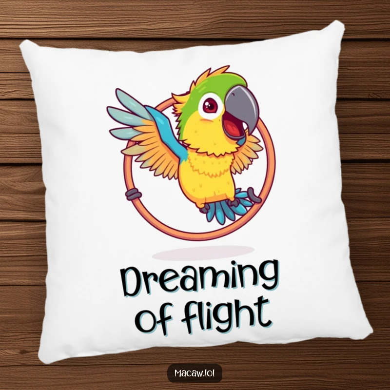 Funny Ruffled Macaw Hoop Pillow: A bird with ruffled feathers humorously attempting to fly through a hoop.