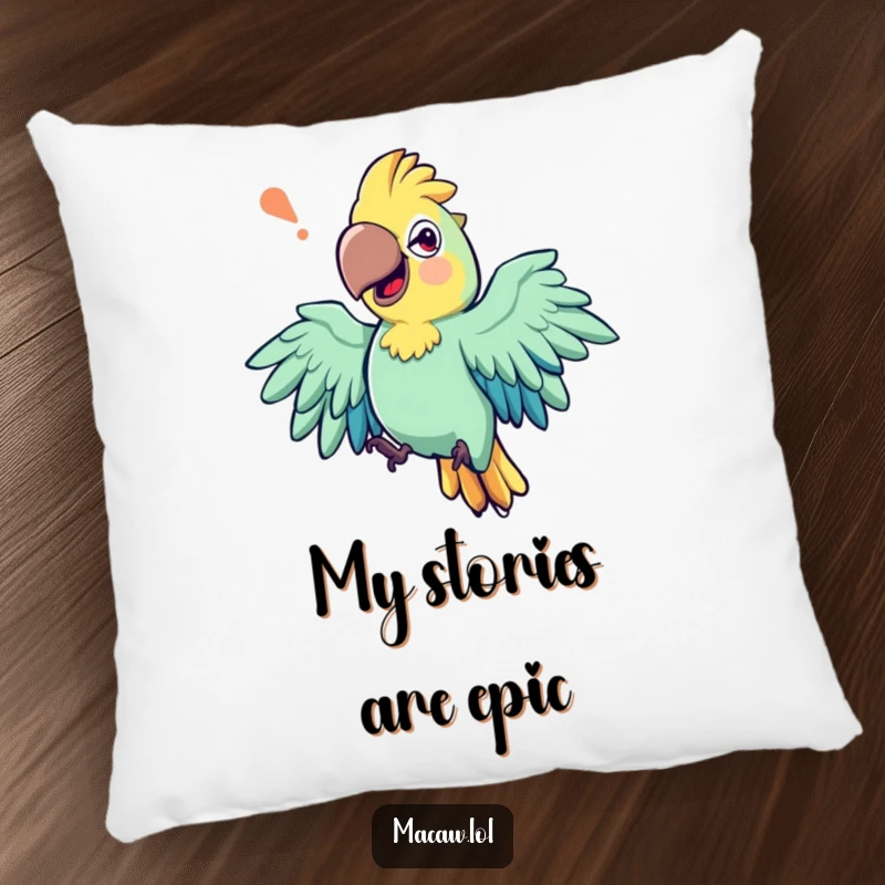 Funny pillow featuring an expressive macaw bird with exaggerated wing movements, mid-storytelling, offering soft comfort.