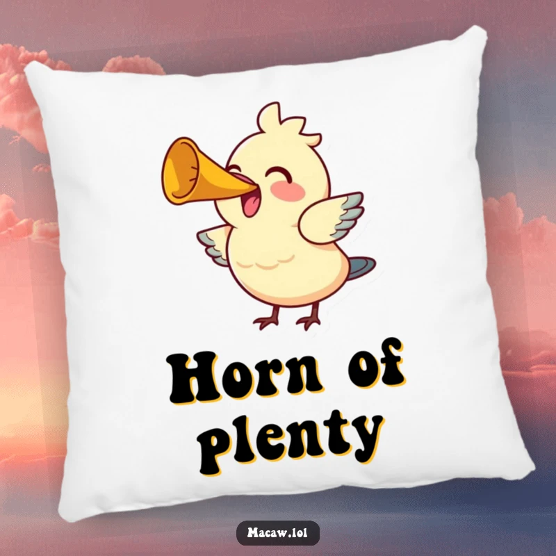 Funny Bird Horn Pillow: A joyful bird honks a tiny horn with gusto, adding cheerful and musical humor to any room.