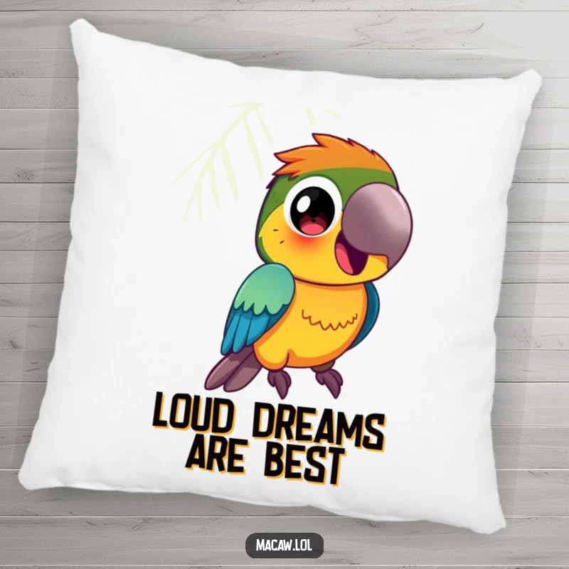 Funny Macaw Pillow: A vibrantly colored macaw bird with large, curious eyes squawks happily, plush personality.